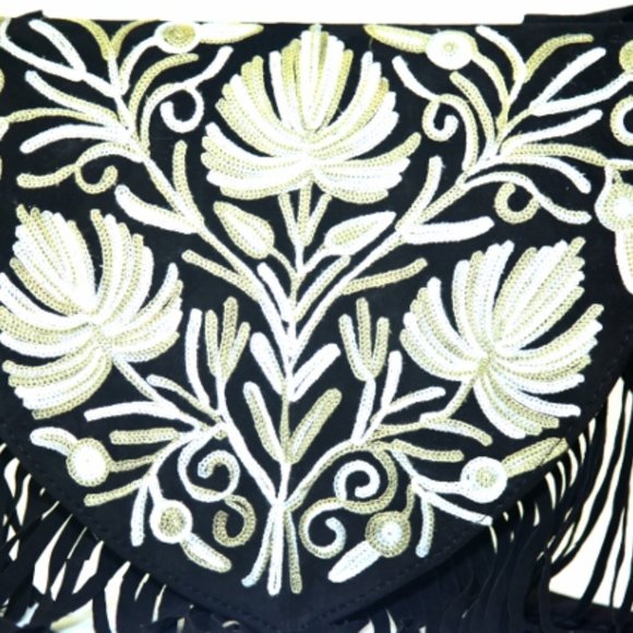 Black and Olive Suede Fringed Crossbody Bag - Picture 3 of 4